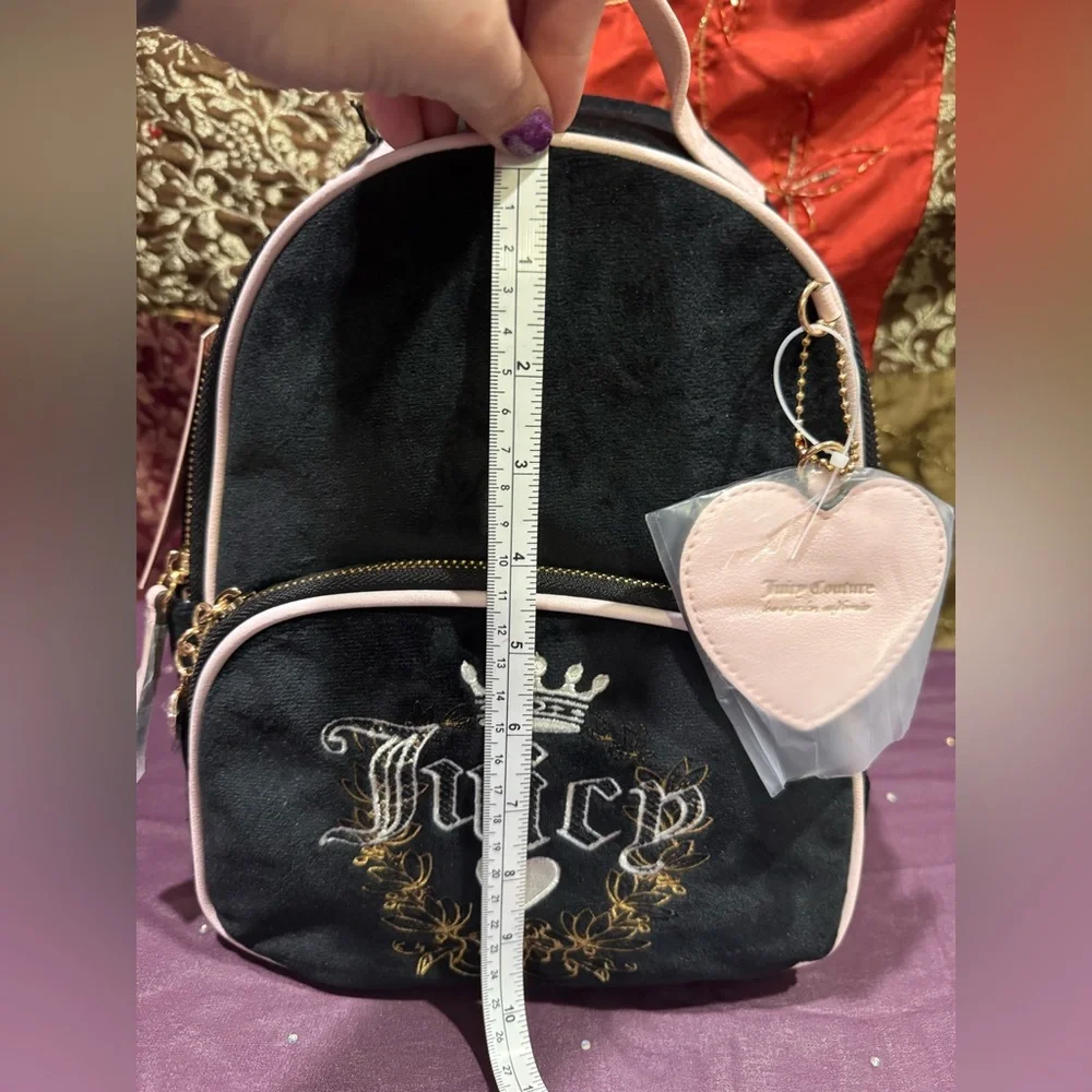 Juicy Couture Black and Light Pink Velvet Mini Backpack with Heart Charm - Picture 3 of 11